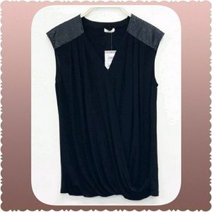 New Minus the Leather Black Drape Surplice Top